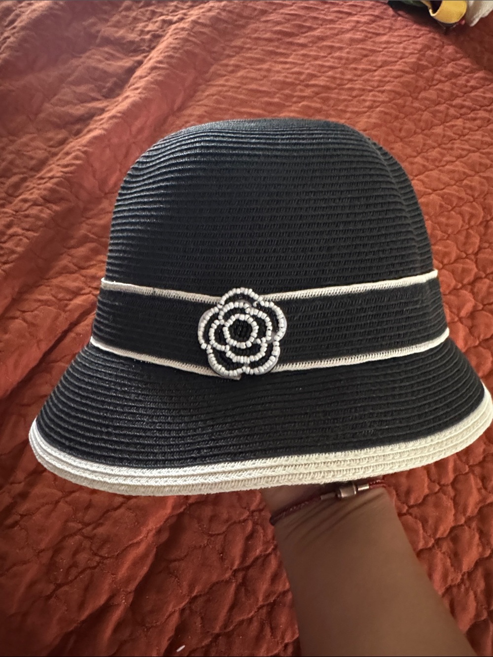 Classic Black and White Floral Trim Women's Sun Hat